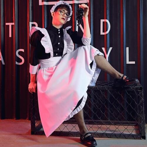 Mens Frilly Satin French Maid Uniform Dress Crossdressing Lingerie Outfit Set,Gay Bar Stage Costume