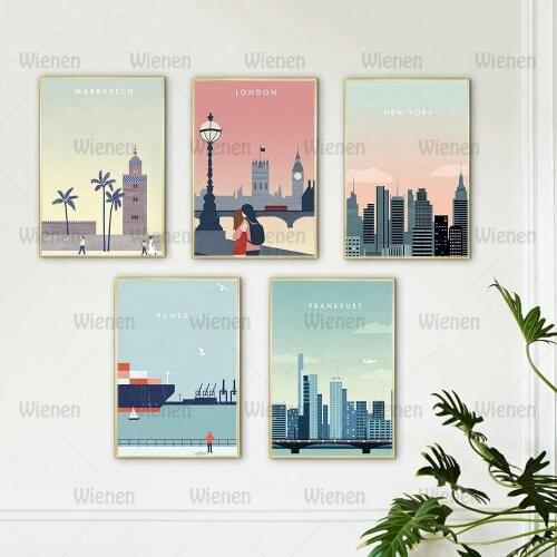 Travel City Vintage Landscape Canvas Posters Hd Print Art Painting New York Marrakech Hamburg Frankfurt London Wall Art Pictures