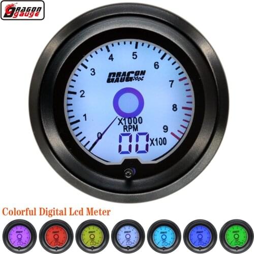 Dragon 52mm 2" 7 Color Backlight LCD Digital Pointer Auto Car Tachometer Gauge 0-9000 RPM Meter Free Shipping