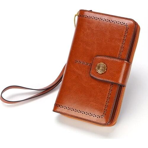 Leather Wallet Oil Wax Cowhide Long Section Lady Zipper Bag Retro Mobile Phone Bag Woman Wallet