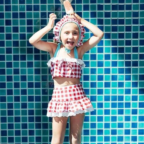 Girls Two Piece Swimsuit Falbala High Waisted Skirted Bikini Set Halter Neck Swimwear Gingham Printing Bathing Suits with Hats