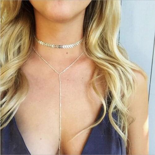 Multi layer necklace fish bone chain choker cylinder bead chain with extended pendant silver plated