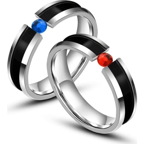 Fashion Red / Blue Zircon Ring Silver Color Titanium Steel Ring Couple Ring Promise Engagement Wedding Ring Romantic Jewelry