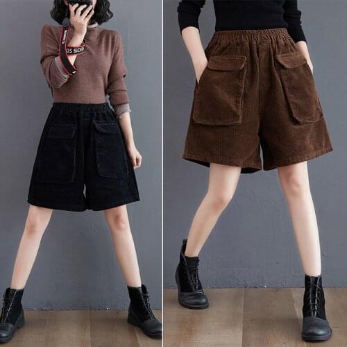 Fashion Corduroy Big Pocket Wide Leg Shorts 2021 Ladies Summer High Waist Casual Pants Women Slim Loose Streetwear
