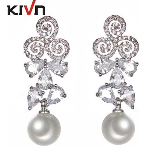 KIVN Fashion Jewelry Scroll Dangle Pave CZ Cubic Zirconia Wedding Bridal Simulated Pearl Earrings for Women Girls Birthday Gifts
