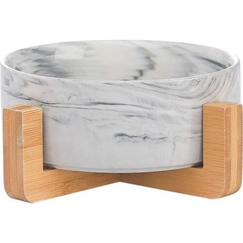 Marble Style Ceramic Cat Dog Bowl Dish with Wood Stand No Spill Pet Food Water Feeder Cats Small Dogs