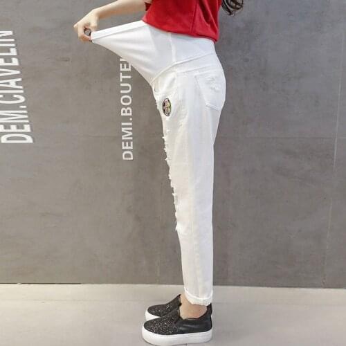 Maternity wear autumn and winter maternity pants fashion jeans cotton print hole denim maternity pants