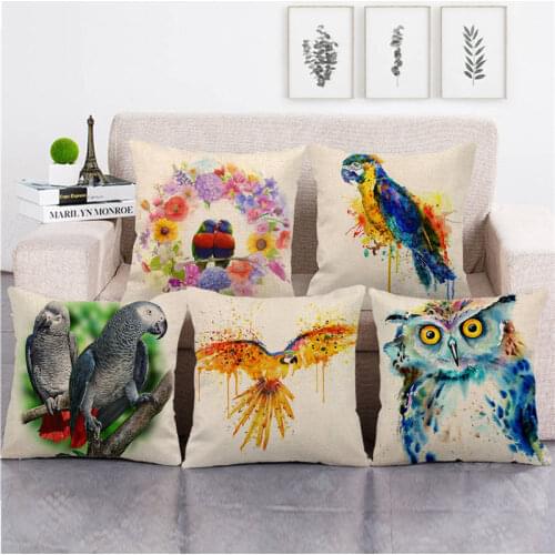 Wholesale pillowcase loving husband and wife bird parrot pillow cover linen/cotton sofa cushion cover decorative pillows