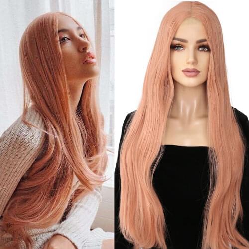 Peach Red Color Hair Mixed Pink 26'' Synthetic Lace Wigs Long Straight Wigs Heat Resistant Fiber Hair For Women Hair Wigs