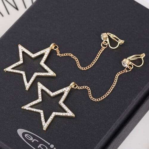 Korea Style Full Rhinestone Big Five-pointed Long Tassel Clip on Earrings Without Piercing for Women Charm Earrings Top Quality