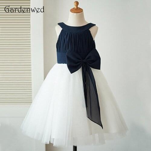 Gardenwed Baby Girl Wedding Dress 2019 Scoop Neck Ruched Black Top Big Bow Knot Robe Fille Mariage White Skirt Children Gowns