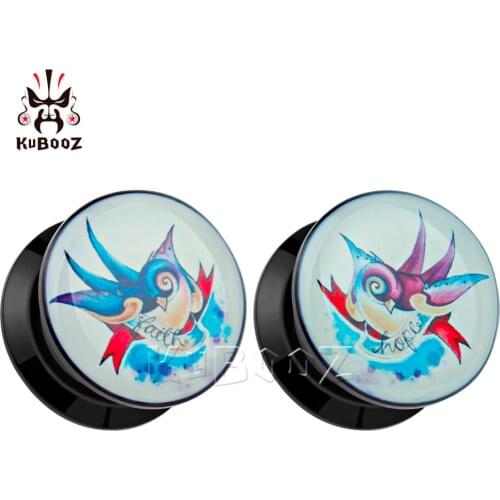 KUBOOZ Ear Plugs Tunnels Body Jewelry Piercing Earrings Gauges Black Arcylic Screw Logo Picture 2PCS 6mm to 30mm 2g 00g 0g