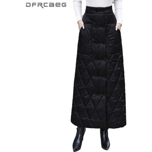Elegant Double Breasted Thick Down Cotton Maxi Skirt Woman 2021 High Waist Casual Warm A-Line Skirts Plus Size Saias Longas