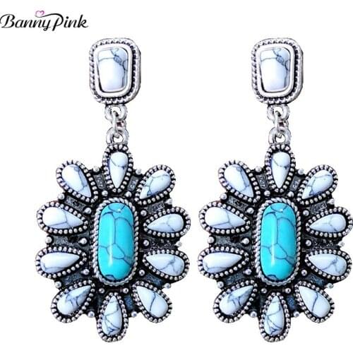 Banny Pink Indian Turquoises Cluster Stud Earrings For Women Bohemia Geometric Stone Statement Post Earrings Chandelier Earrings