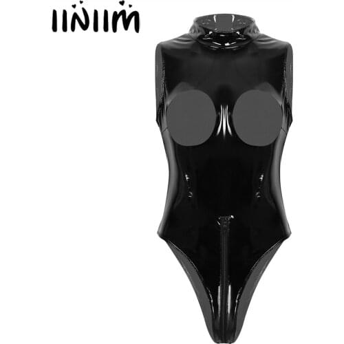 Womens Adult Lingerie Sexy Costumes Clubwear Open Bras Catsuit High Neck Wetlook Zipper Crotch High Cut Bodysuit Bodystocking