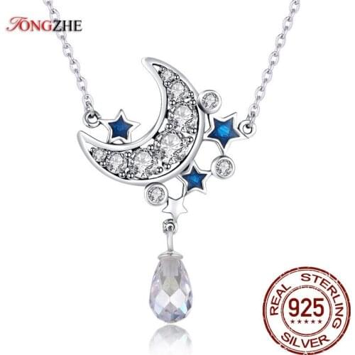 TONGZHE Authentic 100 % 925 Sterling Silver Pendant Necklaces Moon&Star Blue&Clear CZ Crystal Charm Neckalce For Women