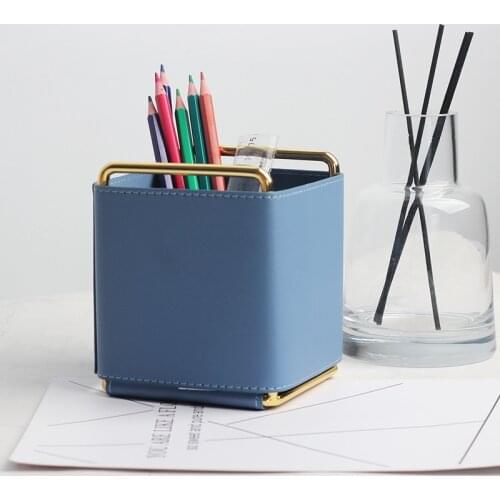 1Pc Fashion Leather Pen Holder Iron Desktop Storage Box Makeup Brush Remote Control Organize Home Office Supplies