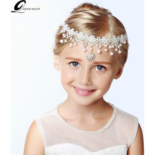 QUEENCO White Girls Tiara Pearl Headbands Wedding Hair Accessories Lace Bridal Headbands Trendy Girl Prestige Simple Headpiece