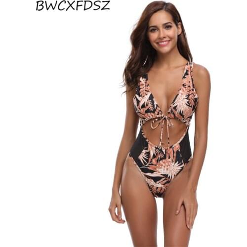 BWCXFDSZ One Piece Swimsuit Women Triquini Swimwear Swim Beach Wear Print Bandage Cut Out Trikini Monokini Swimming Bathing Suit