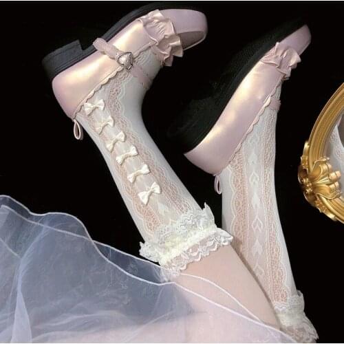 Kawaii Lolita Stockings Black Beige White Lace Top Knee High Socks Young Women Girls Cute Bow Long Medias Anime Cosplay Lingeire