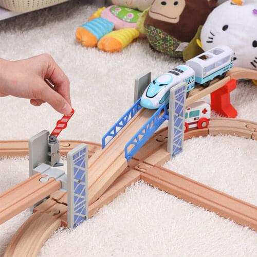 Wooden Fence Double Lift Bridge Overpass Train Tracks Railway Toys Set Accessories Model Kids Gifts
