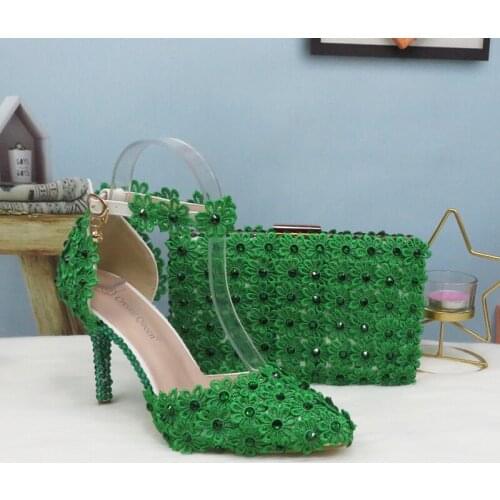 Green Lace Flower Pointed Toe High Heel Womens Sandals Ladies Party Dress Shoes And Bag Bride Wedding Shoe Ankle Strap Pumps