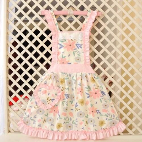 Fashion Women Home Kitchen Cooking Apron Flower Printed Pocket Princess Aprons Restaurant Lace Pinafore Cotton Apron Adult Bibs