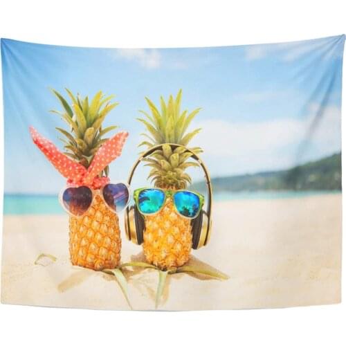 Tapestry Couple of Attractive Pineapples in Love on The Sand Against Turquoise Sea Wearing Mirrored Sunglasses Tapestries Wall