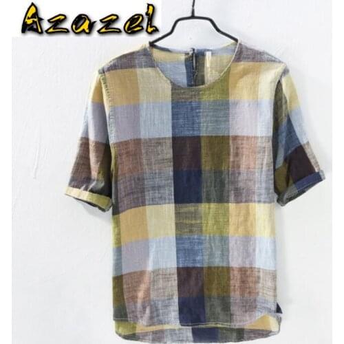 Cotton linen Mens loose Retro plaid Fashion Brand T-shirt Short sleeve Shirt Male Slim Fit Casual Flax T shirt high quality