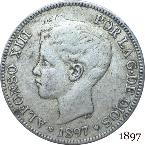 Spain 1897 5 Pesetas Alfonso XIII 3rd portrait RE Y CONST L DE ESPANA Cupronickel Silver Plated Copy Coin With Letter Star Edge