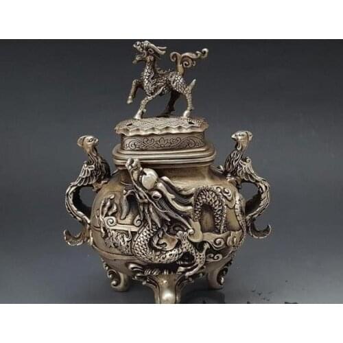 Collectable Old Qing Dynasty copper censer,large dragon&phoenix incense,with carving&mark,Handmade crafts,collection& adornment