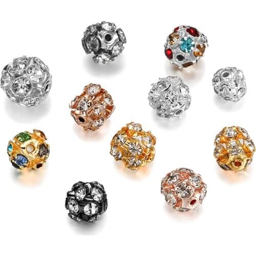 30pcs 6 8 10mm Copper Plated Crystal Rhinestone Round Ball Spacer Loose Beads For Jewelry Making DIY Bracelet Necklace Supplies