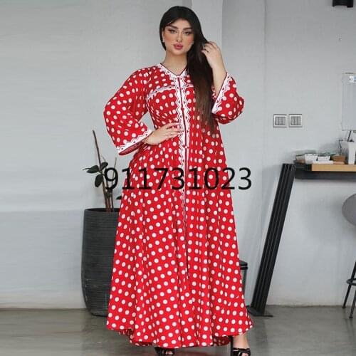 Moroccan Caftan Evening Gown Muslim New Fashion Abaya For Women Polka Dot Print Robe Arabe Modest Islamic Clothing Djellaba
