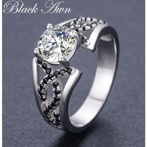 Trendy 925 Sterling Silver Jewelry Black Spinel Leaf Engagement Rings for Women Bijoux Bague C481