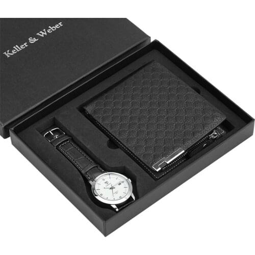 Keller & Weber Quartz Men Watch Sets Black Leather Purse Birthday Gift Set