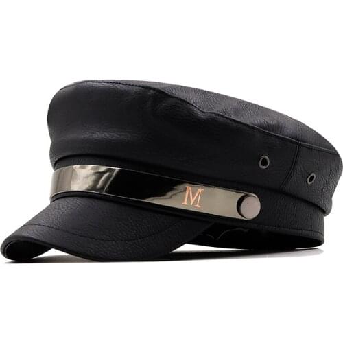 New Women Hat Pu Leather Beret Fashion Retro iron Buckle Painter Cap Wild Octagonal Hat Womens Kepi Female cap Autumn hat