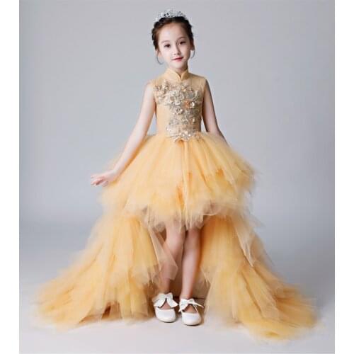 NEW Gold Flower Girl Dresses For Wedding High-Neck Tulle Hi-Low Ball Gown Junior Bridesmaid Dress For Girls