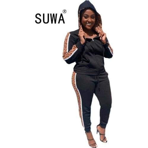 NEW Fashion Leopard Patchwork Womens Set Hooded Jacket Sweatpants Jogger Suit Tracksuit Matching Set Outfit Pants 2pcs Set