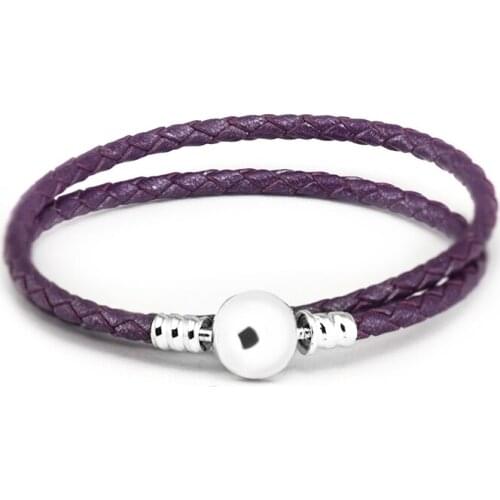 Genuine 925 Sterling-Silver-Jewelry Bracelets for Women DIY Beads Jewelry Making Purple Braided Leather Charm Bracelet