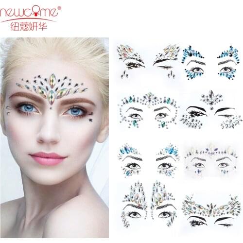 3D Sexy Face Tattoo Stickers Temporary Glitter Tattoos Music Festival Trendy Shiny Acrylic Crystal Sticker Temporary Sticker