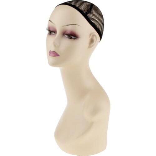 Realistic Female Plastic Mannequin Manikin Head Shoulder With Ears and Net Cap Pretty Makeup for Wigs Glasses Jewelry Display