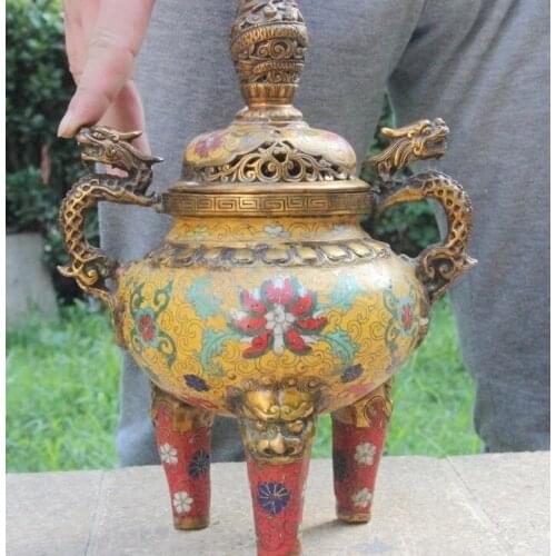 Tibet Buddhism Copper Bronze Cloisonne Foo Dog Lion Dragon Incense Burner Censer