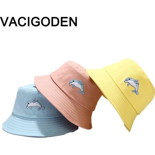 VACIGODEN Women Fashion Bucket Hat 3D Dolphin Embroidered Sunbonnet Fedoras Outdoor Chapeau Fisherman Caps De Pescador Gorros