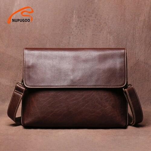 Vintage Mens Shoulder Bag Genuine Leather Casual Trend Crossbody High Quality Thin Messenger Flip Bag For 9.7 Inch iPad NUPUGOO
