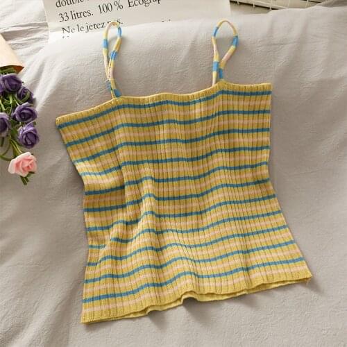 Women Summer Short Vest Tank 2021 Crop Top Rainbow Color Stylish Casual Knitted T Shirt Chic Striped Tops