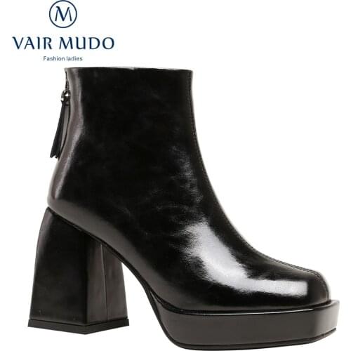 VAIR MUDO Ankle Boots Shoes HIgh Heels Thick Bottom Autumn Winter Elegant Concise Black White Platform Boots Women ShoeWM-X130-C