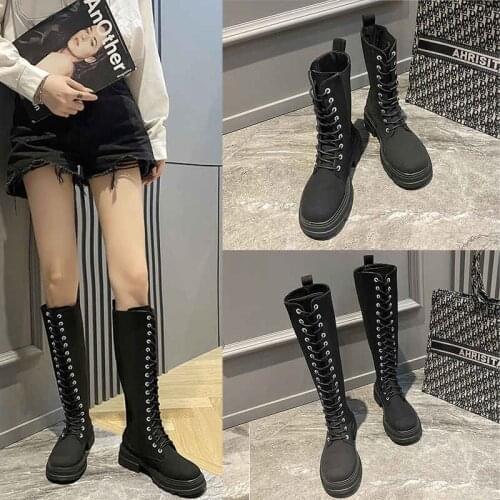 Fashion Punk Riding Boots Zipper Round Toe Ladies Thick-soled Knee-length Boots Autumn Boots Black Lace-up High Boots