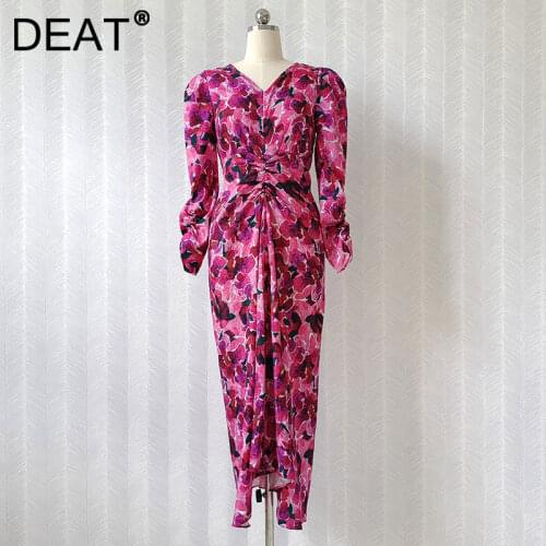 DEAT Woman Dress Floral Print Pleated Asymmetrical V Collar Nine Sleeve High Waist Elegant Casual Style 2021 New Summer 15XF694