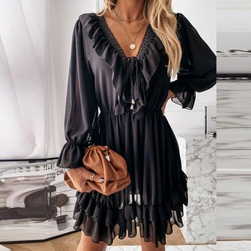 Women Sexy V-Neck Ruffles Mini Dress Elegant Solid Flare Sleeve Lady Party Dress Autumn Loose Patchwork Lace Up Femme Vestidos