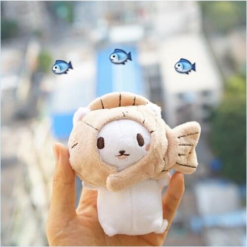1Pc Lovely plush toy cartoon cat kitten with fish cap soft stuffed doll keychain Keyring Bags Pendant